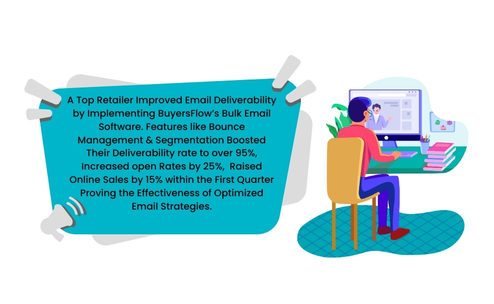 Illustration featuring a case study on improved email deliverability using BuyersFlow's bulk email software