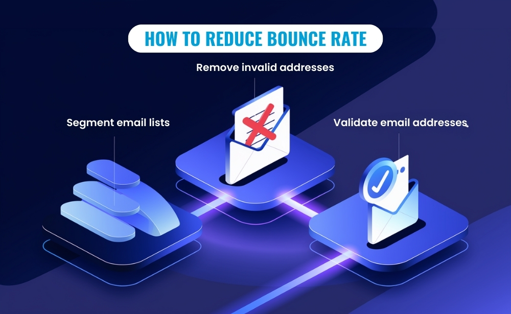 Visual guide on minimizing email bounce rates, highlighting the significance of maintaining a clean email list and using verification tools.