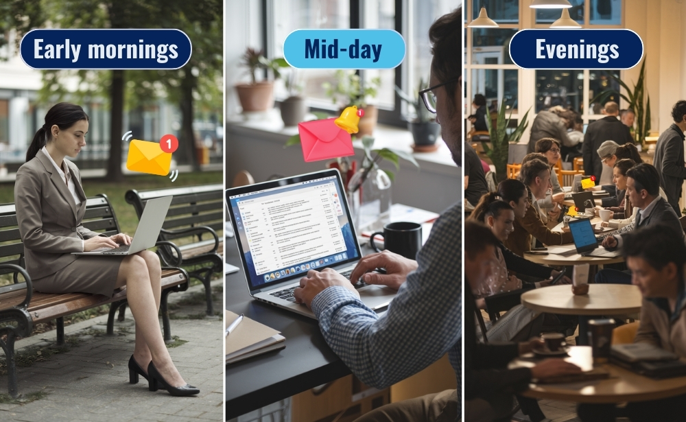 Triptych of people working at different times: park bench, office, and cafe.