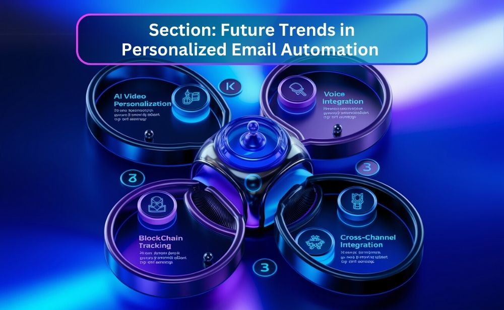 Futuristic graphic with icons of email automation trends: AI Video Personalization, Voice Integration, Blockchain Tracking, and Cross-Channel Integration.