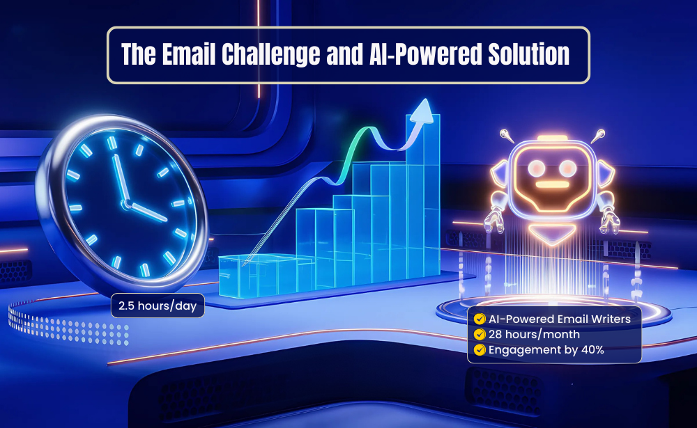 Futuristic graphic with neon text "The Email Challenge and AI-Powered Solution," a clock, a rising graph, and a smiling robot.